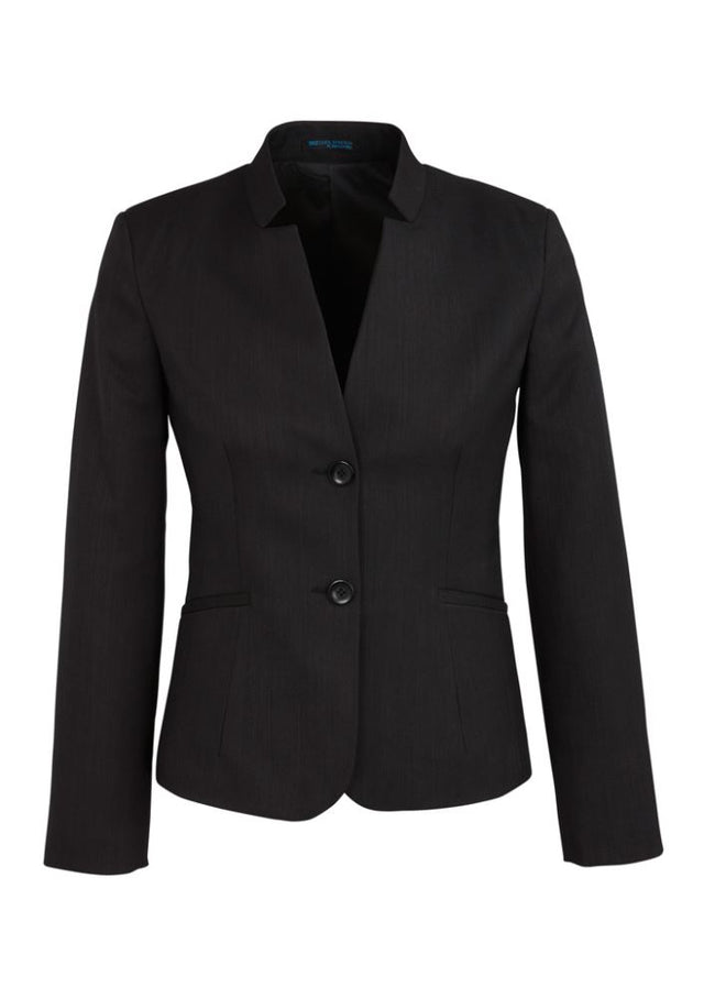Ladies black short jacket with reverse lapel, featuring a mobile pocket and embroidery access zip, size 16 by Biz Collection.