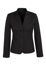 Ladies short black jacket with reverse lapel; stylish, versatile, moisture-wicking, with phone pocket and embroidery access zip.