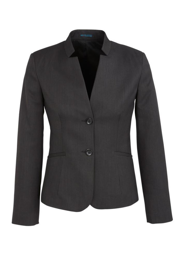 Ladies Charcoal Short Jacket with Reverse Lapel, ideal for professional and casual wear, featuring an internal phone pocket.