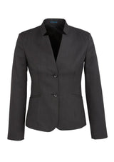 Ladies short charcoal jacket with reverse lapel, size 12, featuring an internal pocket and stylish, practical design.