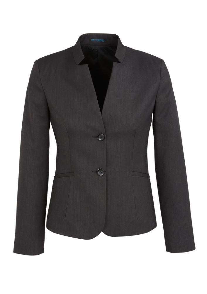 Ladies short charcoal jacket with reverse lapel, featuring a tailored fit and practical internal pockets for modern women.