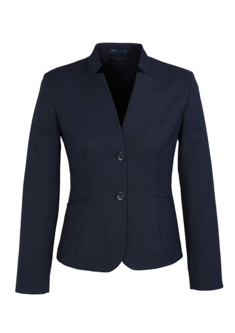 Navy short jacket for ladies with reverse lapel, featuring internal pocket and stylish design, suitable for casual and professional wear.