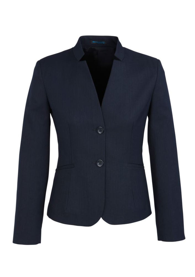 Navy ladies short jacket with reverse lapel, featuring an internal pocket and elegant design, perfect for versatile wear.