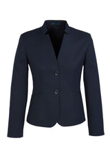 Navy short jacket for women with reverse lapel, internal pocket, blending style and comfort in size 24 by Biz Collection.
