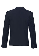 Ladies navy short jacket with reverse lapel, featuring an internal phone pocket, stylish for work and casual outings.