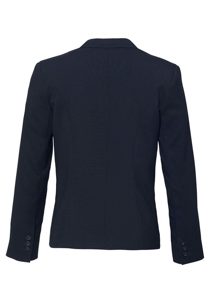 Ladies navy short jacket with reverse lapel, crafted from breathable fabric, featuring mobile pocket and stylish design.