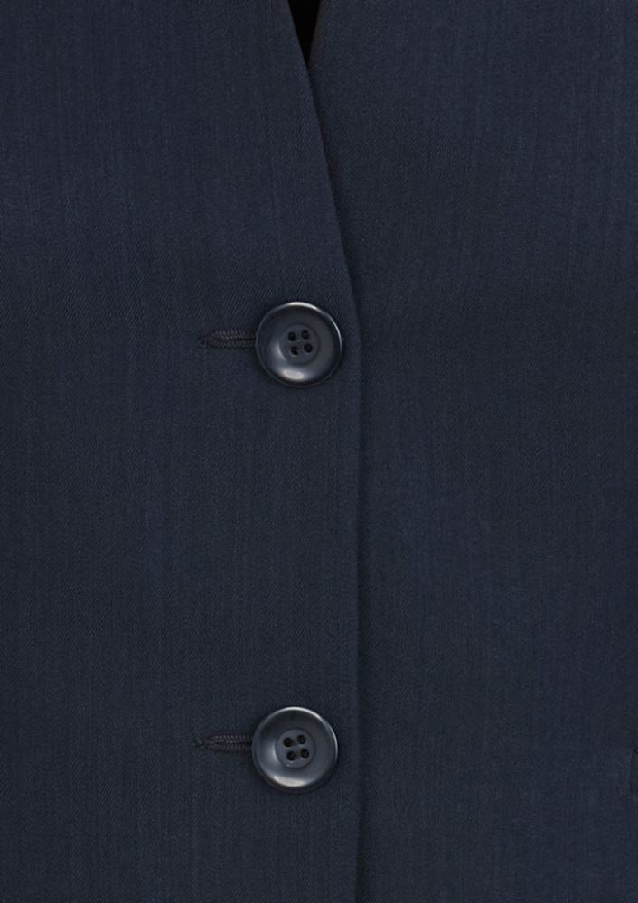 Navy ladies short jacket with reverse lapel, featuring a mobile pocket, perfect for stylish office or casual wear.