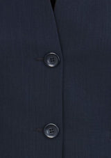 Navy ladies short jacket with reverse lapel, featuring a mobile pocket, perfect for stylish office or casual wear.