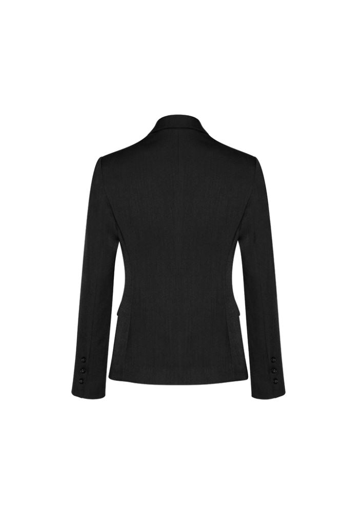Ladies black mid-length jacket, size 12, features 2 buttons, refined fit, full lining, and practical pockets for versatile styling.
