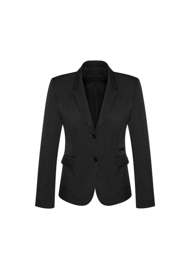 Black mid-length jacket for women featuring two buttons, refined silhouette, fully lined, and practical pockets, perfect for any occasion.
