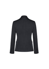Ladies charcoal mid-length jacket with 2 buttons, fully lined, internal pocket, and modern design for versatile styling.