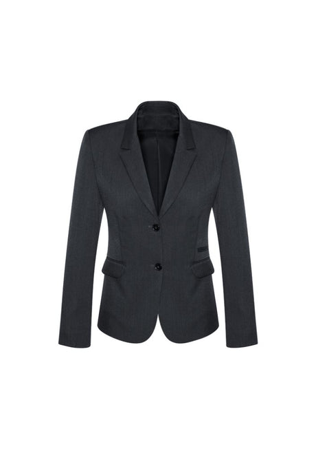 Ladies charcoal mid-length jacket with tailored silhouette, two front pockets, and refined design from Biz Collection.
