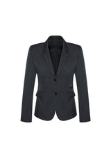 Ladies charcoal mid-length jacket with 2 buttons, featuring refined sleeves, internal pocket, and two front pockets for versatility.