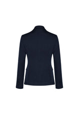 Navy mid-length women's jacket by Biz Collection, size 14, featuring two buttons, internal pockets, and a tailored silhouette.