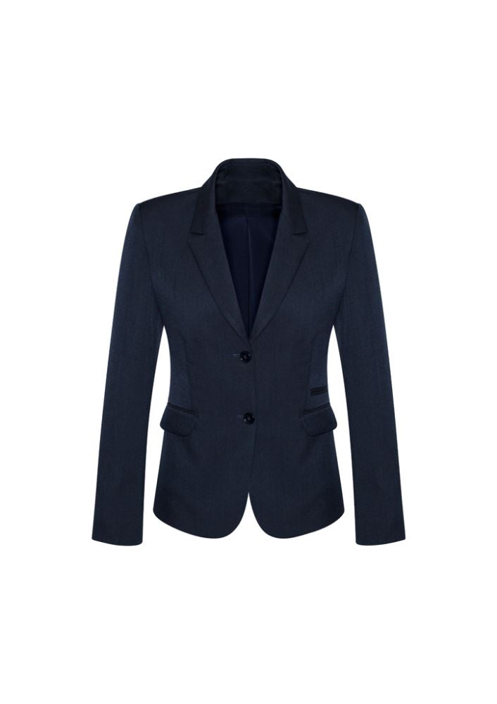 Navy mid-length jacket for ladies, size 20, featuring two button closure, refined style, and practical pockets from Biz Collection.