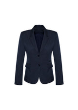 Navy mid-length ladies' jacket with 2 buttons, tailored fit, internal pocket, and stylish design for versatile wear.