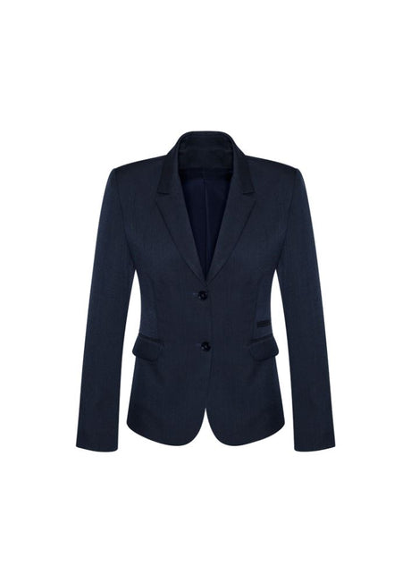 Ladies navy mid-length jacket with two buttons, refined fit, internal pocket, and lightweight fabric for versatile styling.