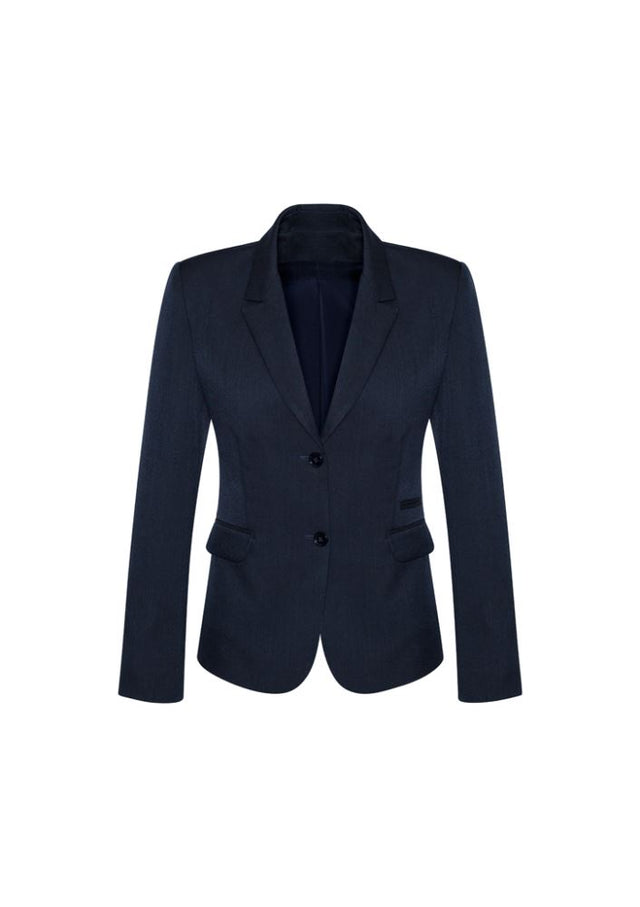Navy mid-length women's jacket with two buttons, featuring a refined silhouette, two front pockets, and a fully lined interior.