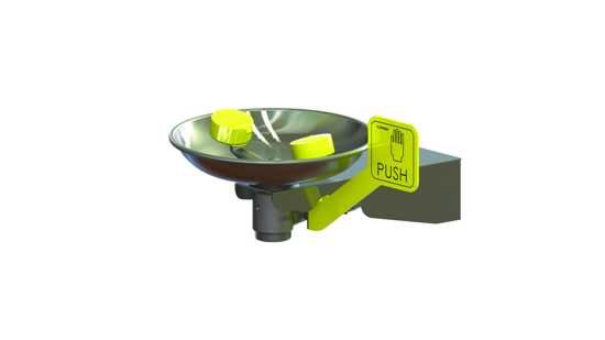 Wall-mounted emergency eye/face wash station with stainless steel bowl and hand-operated soft aerated flow for immediate decontamination.