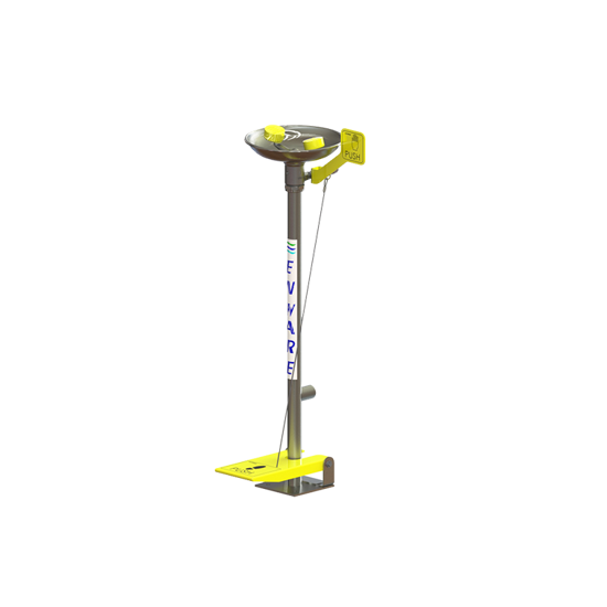 Emergency eye wash station with stainless steel bowl, hand/foot activation, and high visibility design for safety compliance.