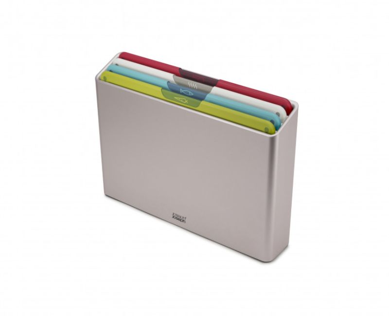 Joseph Joseph Folio Icon 4-piece chopping board set with color-coded boards to prevent cross-contamination and non-slip storage case.