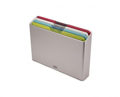 Joseph Joseph Folio Icon 4-piece chopping board set with color-coded boards to prevent cross-contamination and non-slip storage case.