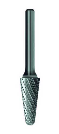 Double cut taper shape burr for rapid stock removal, reducing chatter and chip size, ideal for precision woodworking and metalworking.