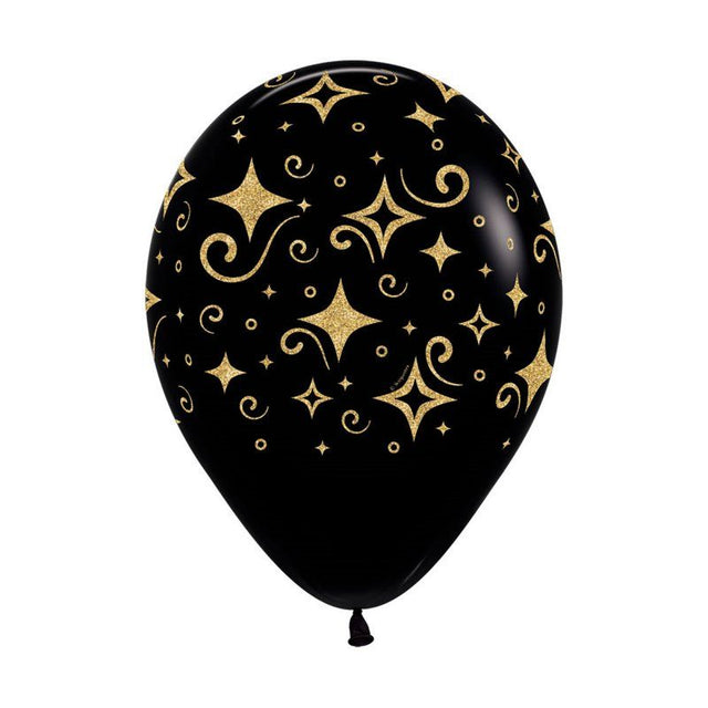 Pack of 12 Sempertex black latex balloons with elegant golden diamond print, perfect for stylish celebrations and decor.