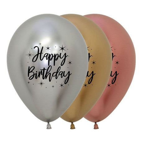 Pack of 12 metallic latex balloons in Rose Gold, Gold, and Silver, perfect for birthday celebrations and festive decor.