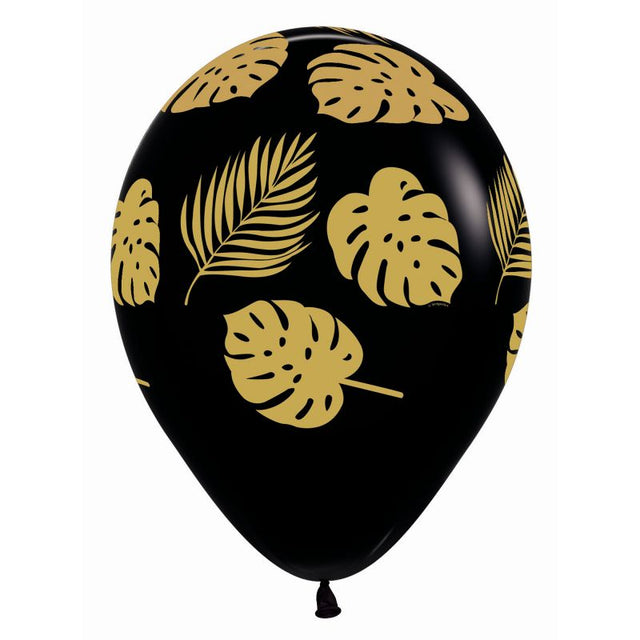 Elegant black latex balloons featuring gold leaf designs, perfect for sophisticated celebrations. Pack of 12, 30cm size.