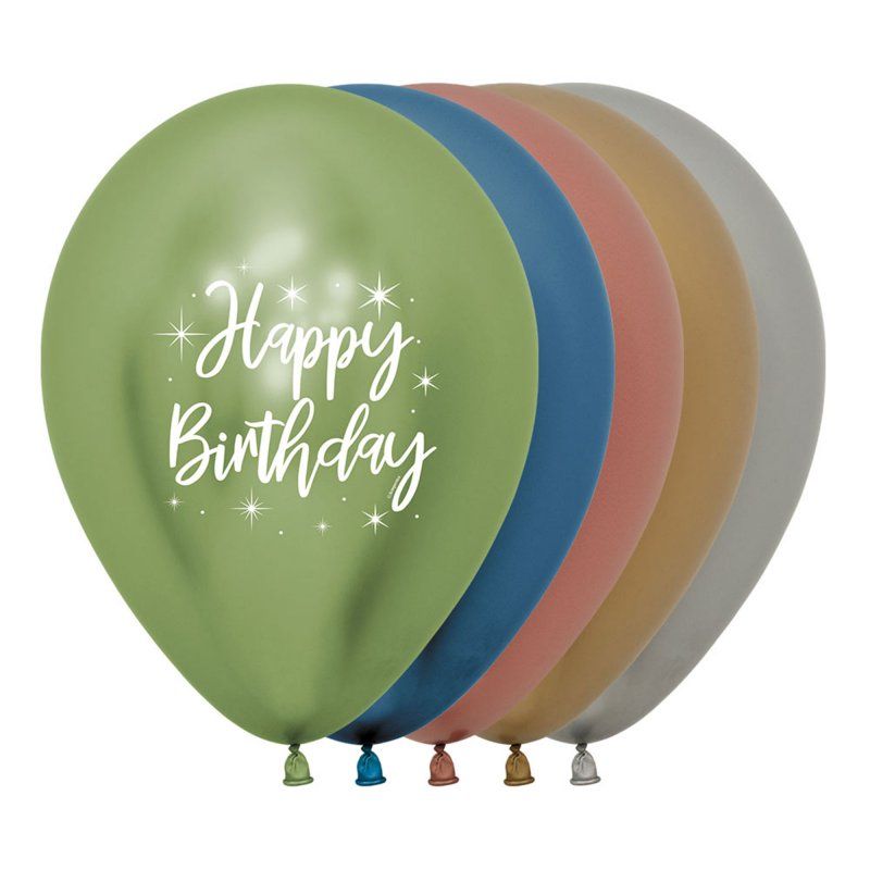 Vibrant Sempertex Happy Birthday metallic latex balloons in assorted colors, perfect for festive birthday decorations.