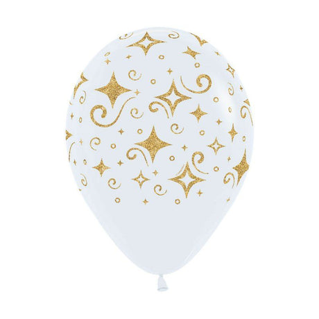 Sempertex Golden Diamonds Fashion White Latex Balloons (30cm) pack of 12, featuring stylish golden diamond print for elegant celebrations.