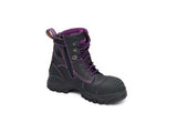 Women's Blundstone #897 black/purple safety boot with zip, steel toe, water-resistant leather, and slip-resistant outsole.