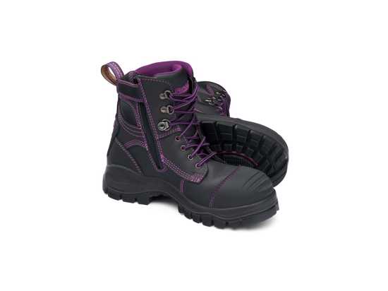 Women's Blundstone #897 safety boot in Black/Purple, featuring a water-resistant upper, steel toe cap, and slip-resistant sole.