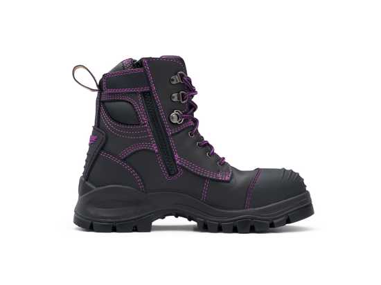 Women's Blundstone #897 safety boots, size 5, in Black/Purple; features water-resistant leather, steel toe, and slip-resistant outsole.