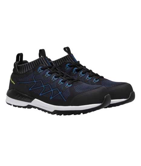 Lightweight black and blue safety shoes with breathable mesh, memory foam footbed, and composite toe cap for maximum comfort and protection.