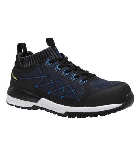 Lightweight black and blue KingGee Vapour Knit safety shoes with breathable mesh, composite toe cap, and non-slip outsole.