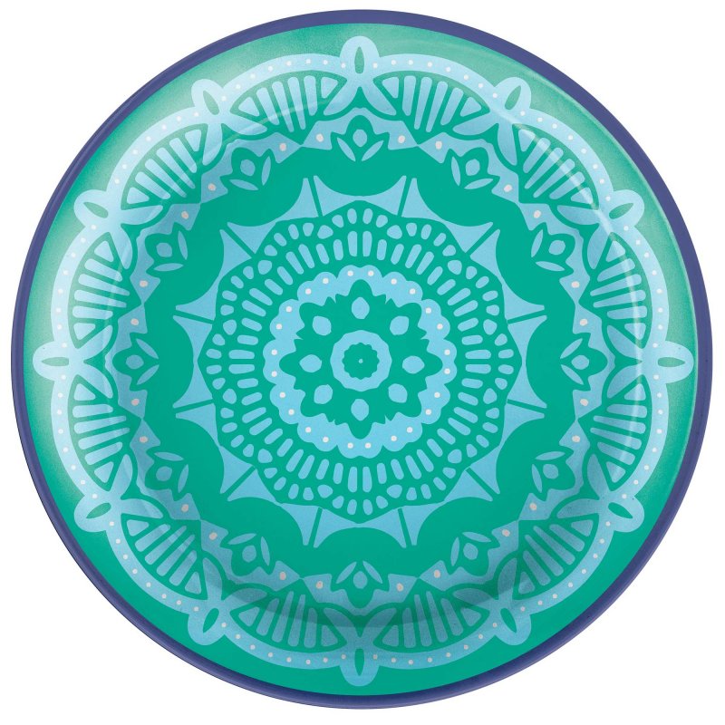 Round Boho Vibes melamine dinner plates (26cm) in vibrant patterns, perfect for stylish indoor and outdoor dining. Pack of 4.