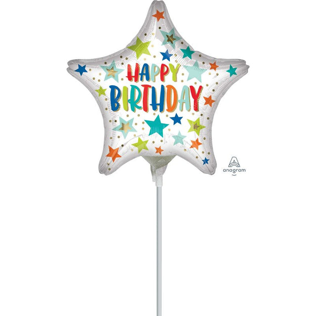 Vibrant 22cm foil balloon with colorful stars and dots, perfect for birthday celebrations and festive decorations.