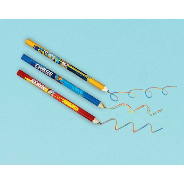 Colorful Paw Patrol pencils featuring Skye, Chase, and Marshall, perfect for inspiring creativity in young artists.