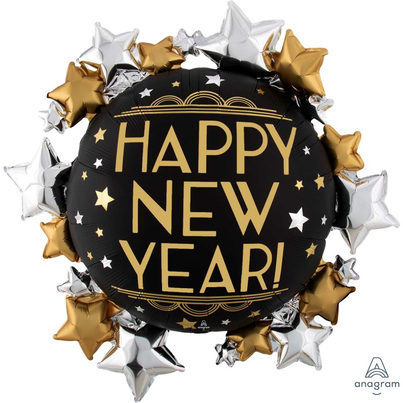 Stunning 76cm satin-infused foil balloon for elegant New Year's celebrations, featuring self-sealing for easy setup.