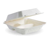 Eco-friendly BioPak 3 compartment clamshells made from sugarcane pulp, ideal for takeout and meal prep, microwave safe.