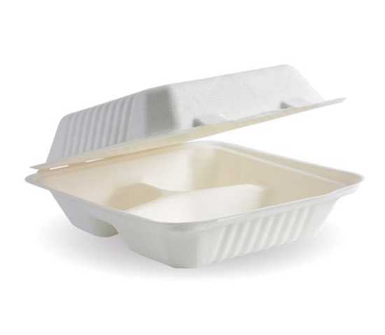 Eco-friendly BioPak 3 compartment clamshells made from sugarcane pulp, ideal for takeout and meal prep, microwave safe.