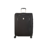 Victorinox Werks Traveler 6.0 Softside Large Suitcase in black, featuring durable nylon, expandable compartments, and smooth-rolling wheels.