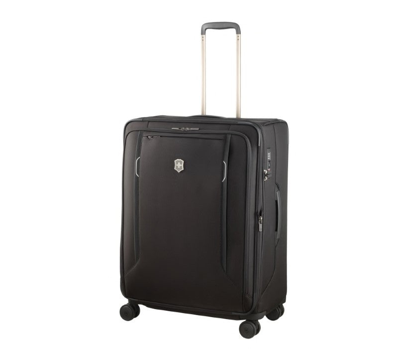 Victorinox Werks Traveler 6.0 Softside Large suitcase in black, featuring durable nylon, expandable capacity, and smooth-rolling wheels.