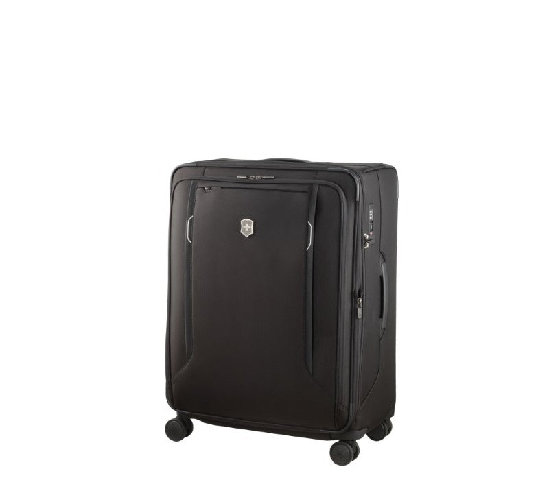 Victorinox Werks Traveler 6.0 Softside Large Suitcase in black, featuring expandable capacity, padded laptop compartment, and durable wheels.