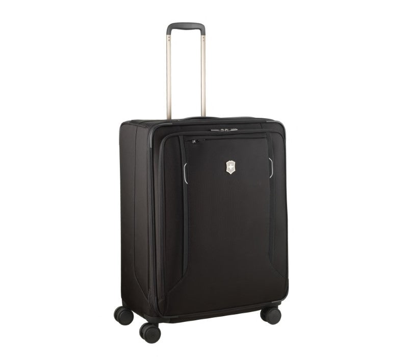 Victorinox Werks Traveler 6.0 Softside Large Suitcase in black, featuring durable nylon, expandable capacity, and smooth-rolling wheels.