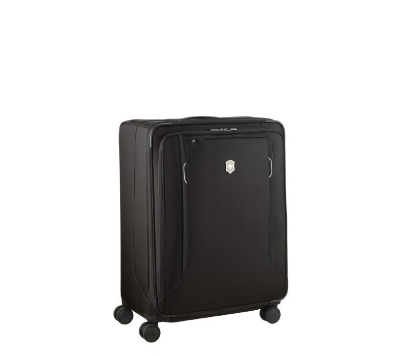 Victorinox Werks Traveler 6.0 Large Suitcase in black, featuring durable nylon, expandable capacity, and smooth-rolling wheels.