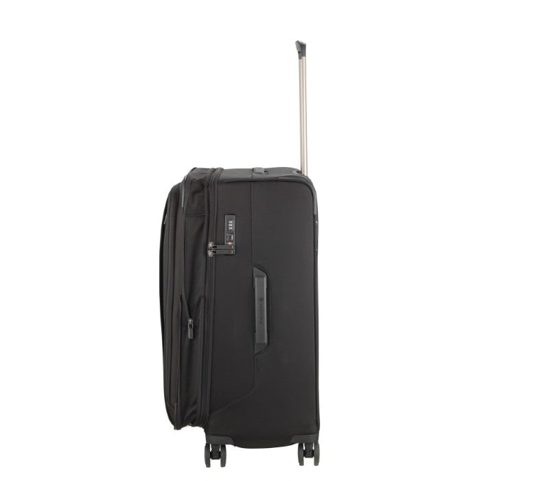 Alt text: Sleek black Victorinox Werks Traveler 6.0 Large Suitcase with expandable capacity, padded laptop compartment, and durable wheels.