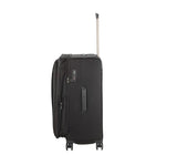 Alt text: Sleek black Victorinox Werks Traveler 6.0 Large Suitcase with expandable capacity, padded laptop compartment, and durable wheels.